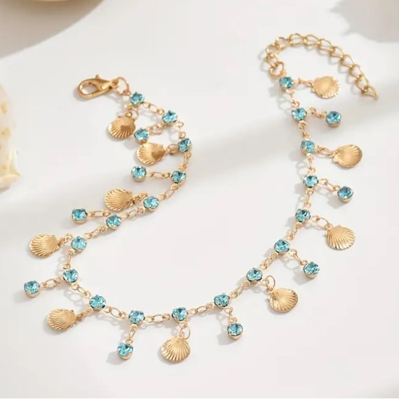 Blue Crystal & Shell Gold Toned Anklet - Picture 4 of 4